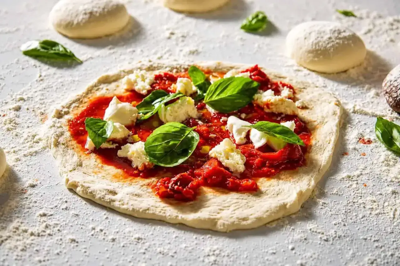 Przygotowanie różnych rodzajów pizzy: surowe ciasto z sosem pomidorowym, mozzarellą i bazylią, obok kulki ciasta.