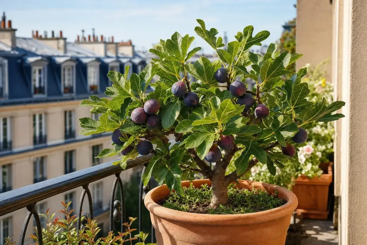 Un figuier en pot, charg&eacute; de figues violettes, sur un balcon parisien.