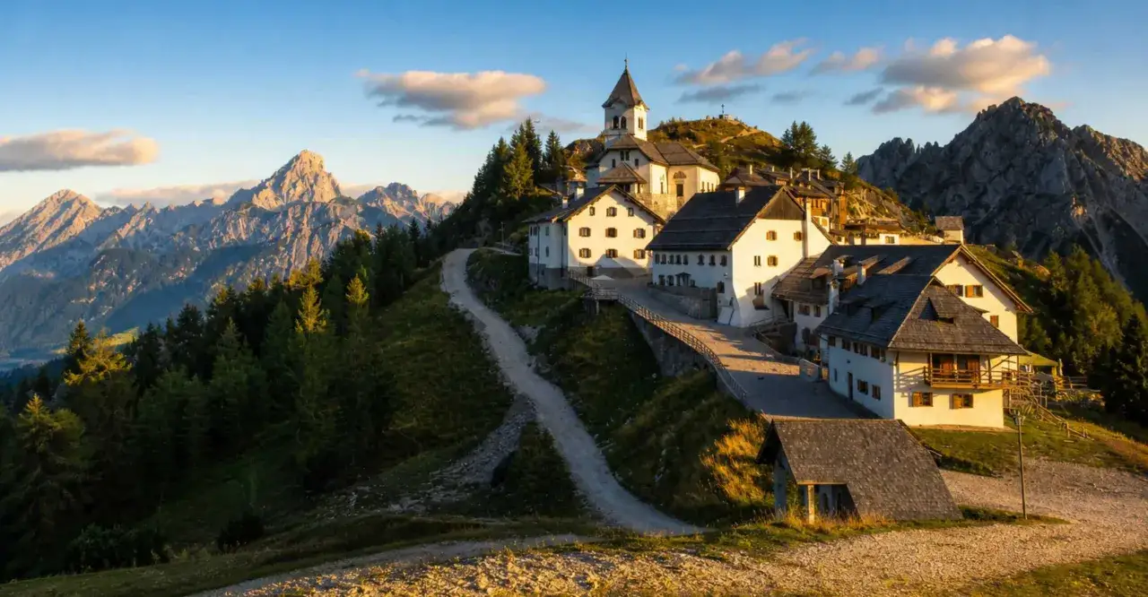 Un borgo alpino con case bianche e una chiesa su una collina, circondato da montagne maestose. Un luogo ideale per i cammini in Trentino.