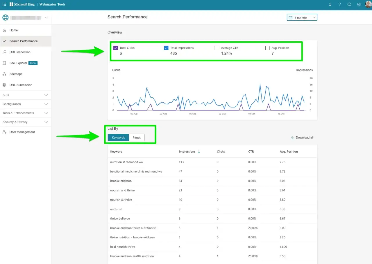 Tableau de performance de recherche dans le **search console bing** montrant les mots-clés, impressions et clics.