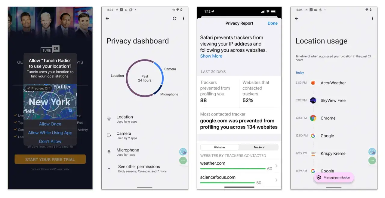 Zrzuty ekranu pokazują funkcje prywatności w systemie android 15, w tym zarządzanie lokalizacją i raporty prywatności.