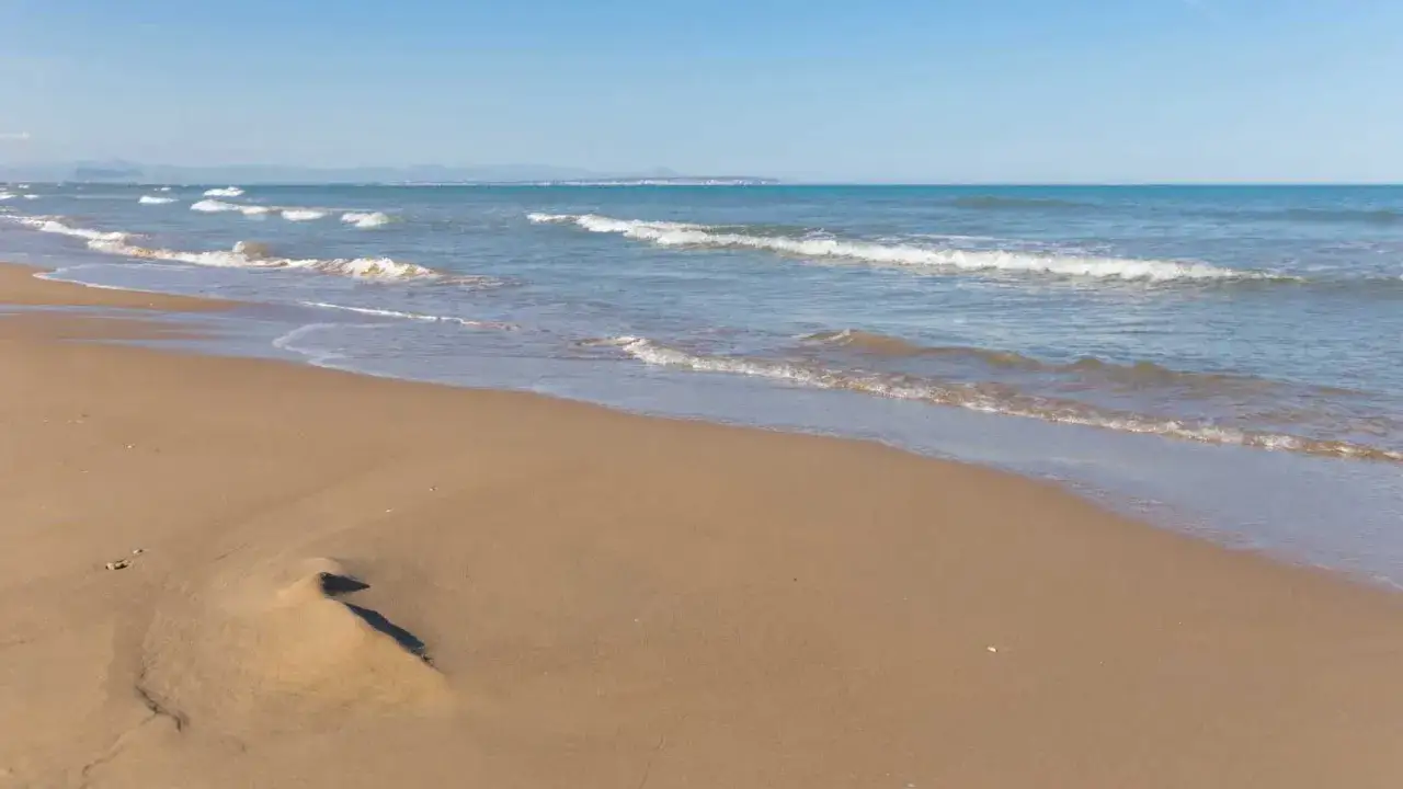Arena dorada y olas suaves en la playa Roqueta, con el mar azul y el cielo despejado al fondo.