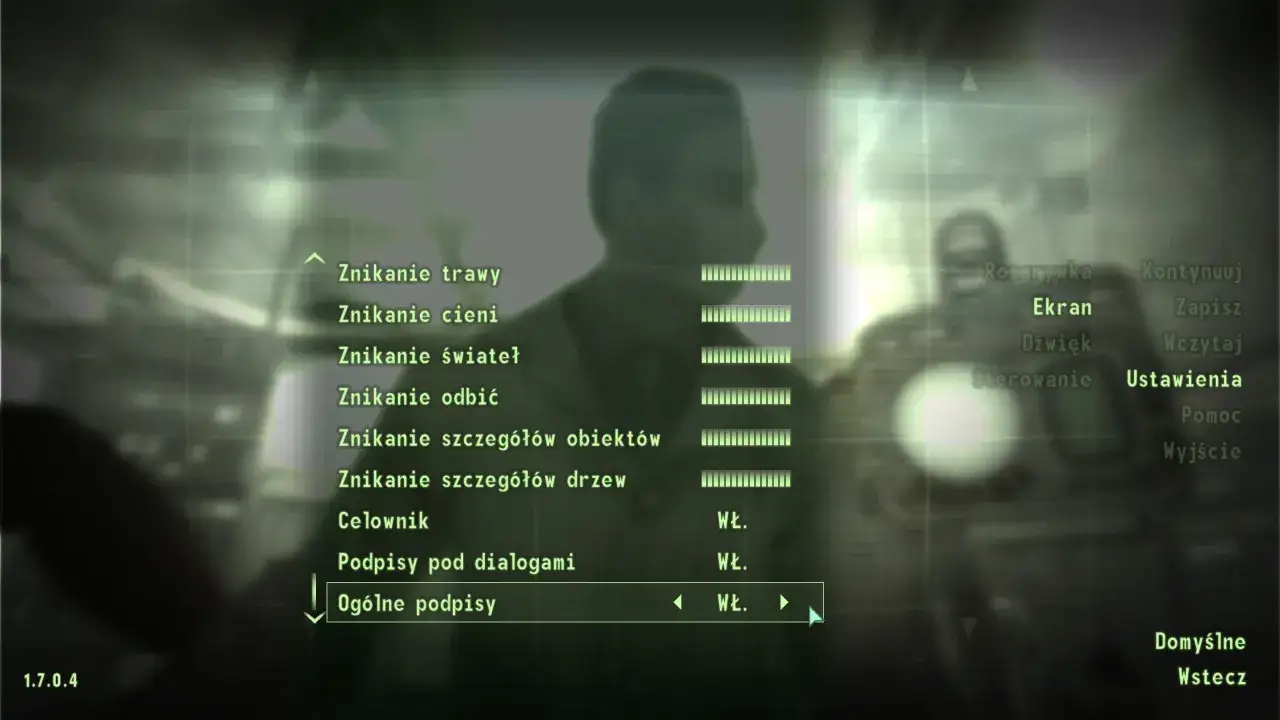 Menu ustawień gry Fallout 3, gdzie można znaleźć opcje spolszczenie i dostosować grafikę.