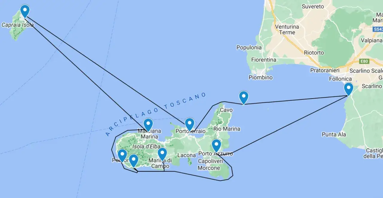 Karte zeigt eine Route zum Segeln auf Elba und den umliegenden Inseln des Toskanischen Archipels.