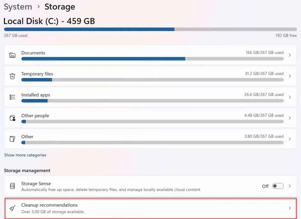 Zalecenia dotyczące oczyszczania dysku Windows 11: ponad 5 GB wolnego miejsca.