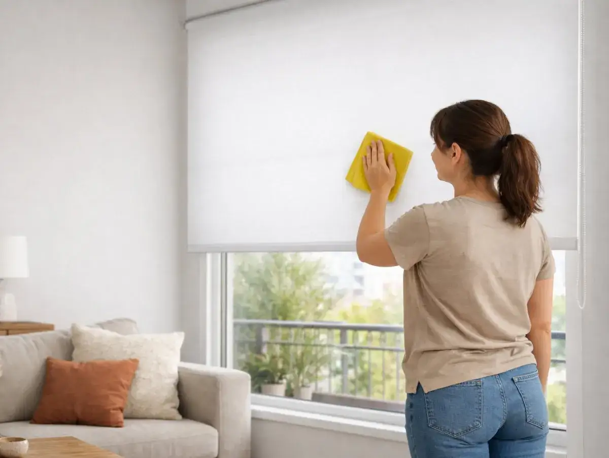 Mujer limpiando estores enrollables blancos con un pa&ntilde;o amarillo.