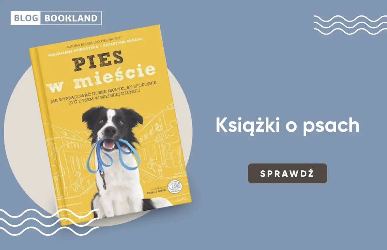 Książki o behawioryzmie ps&oacute;w. Okładka z psem trzymającym smycz, zachęca do poznania sekret&oacute;w życia z psem w mieście.