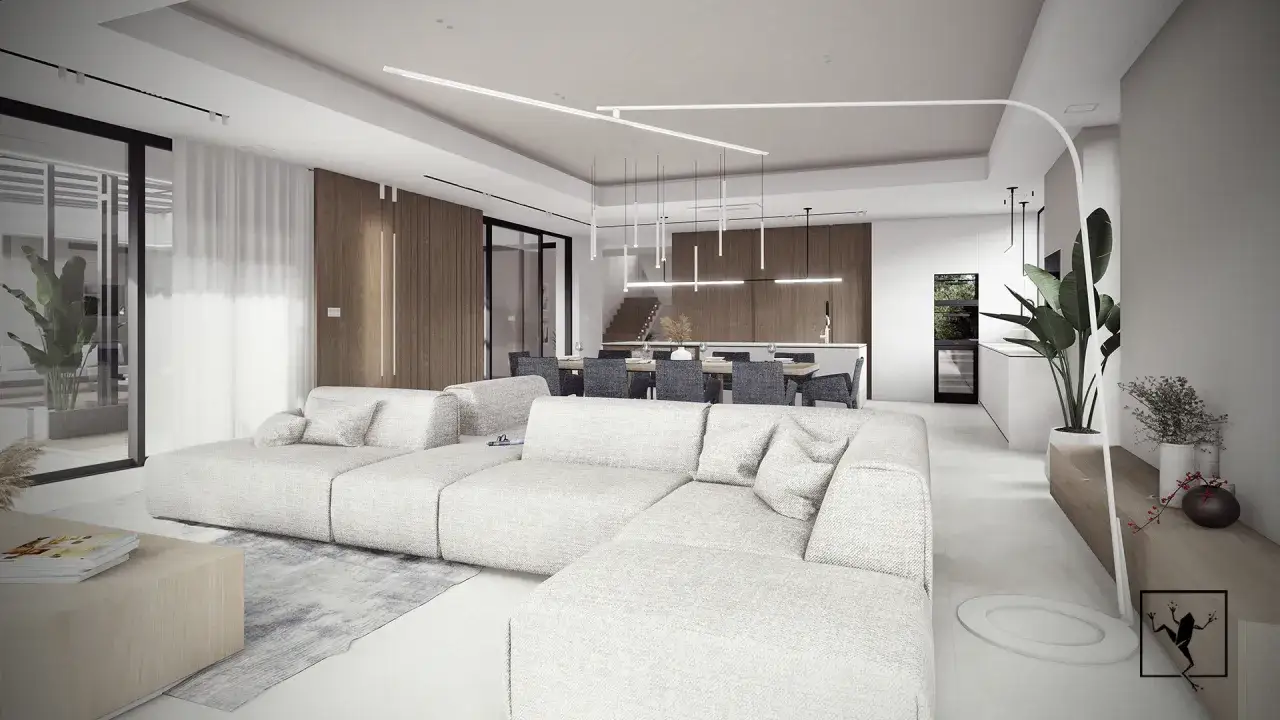 Nowoczesny salon z jadalnią i kuchnią, jasne meble, drewniane akcenty, rośliny.