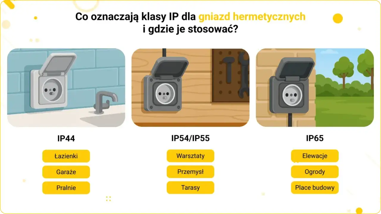 Ilustracja przedstawia różne rodzaje gniazd siłowych z osłonami, dopasowane do różnych zastosowań: IP44 (łazienki, garaże, pralnie), IP54/IP55 (warsztaty, przemysł, tarasy) i IP65 (elewacje, ogrody, place budowy).
