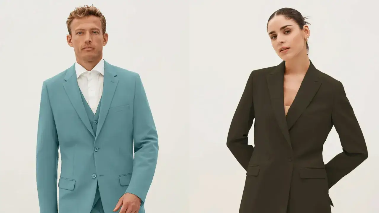 Mann in hellblauem einreiher Anzug mit Weste, Frau in dunkelgr&uuml;nem Anzug.