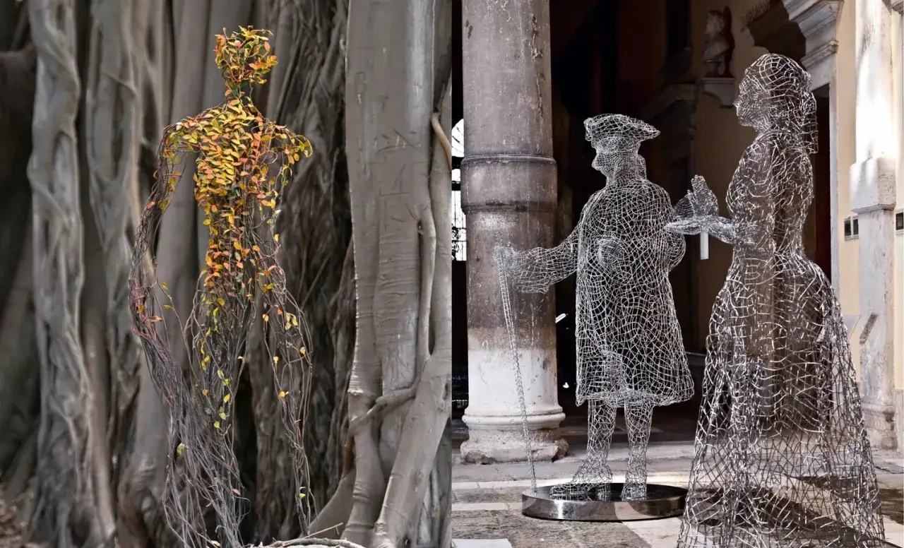 Figure umane in fil di ferro, una con foglie, ispirate a famosi artisti contemporanei.