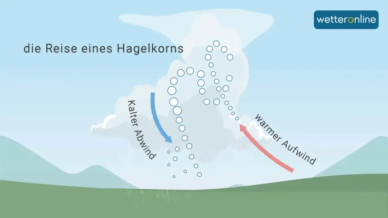 Die Reise eines Hagelkorns: Ein Diagramm erklärt Grundschülern verschiedene Niederschlagsarten, wie Hagel, durch Auf- und Abwinde.