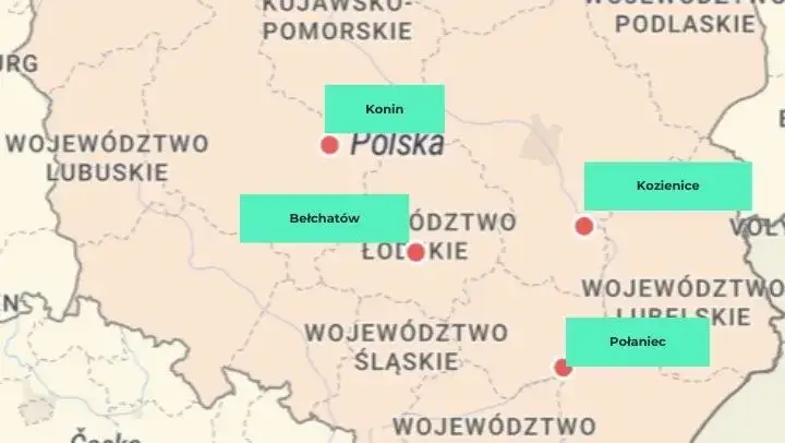 Mapa Polski potencjalne lokalizacje drugiej elektrowni jądrowej Bełchatów Konin