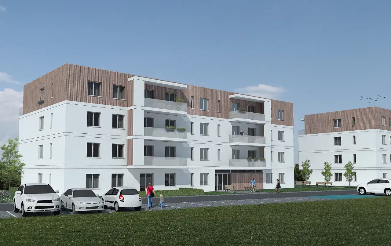 Nowoczesne bloki mieszkalne, idealne na mieszkanie TBS. Białe fasady, drewniane elementy i balkony tworzą przyjazną przestrzeń.