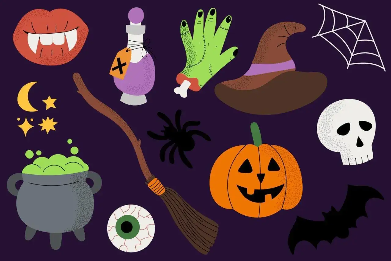 Un assortimento di simboli di Halloween in inglese: bocca con zanne, pozioni, mano mozzata, cappello da strega, ragnatela, luna, stelle, calderone, ragno, scopa, occhio, zucca e pipistrello.