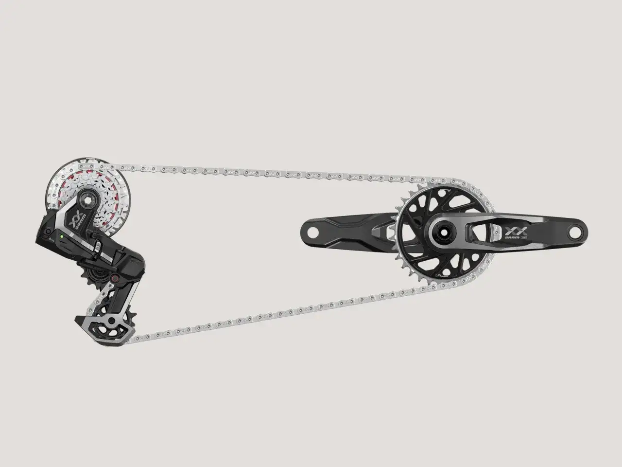 SRAM XX Eagle AXS drivetrain components, including a rear derailleur, cassette, chain, and crankset, are displayed. This is the latest SRAM news for high-performance cycling.