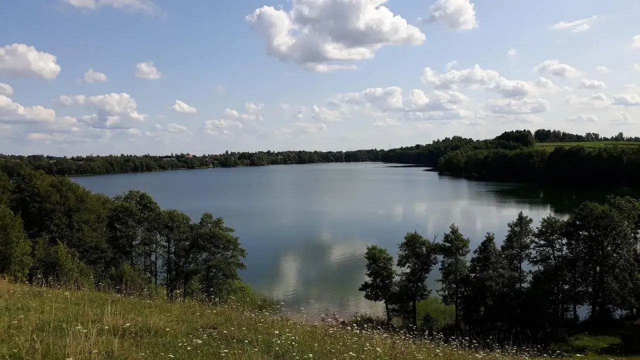 Spokojne jezioro Czarna Hańcza otoczone zielonymi lasami, z białymi chmurami na błękitnym niebie.
