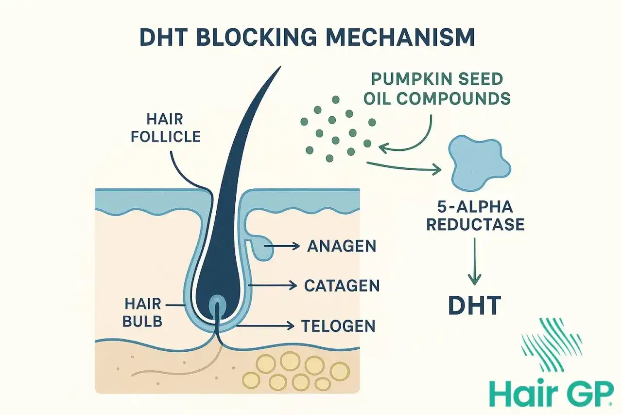 Illustration visar hur pumpafr&ouml;olja blockerar hormoner som orsakar fett h&aring;r och h&aring;ravfall.