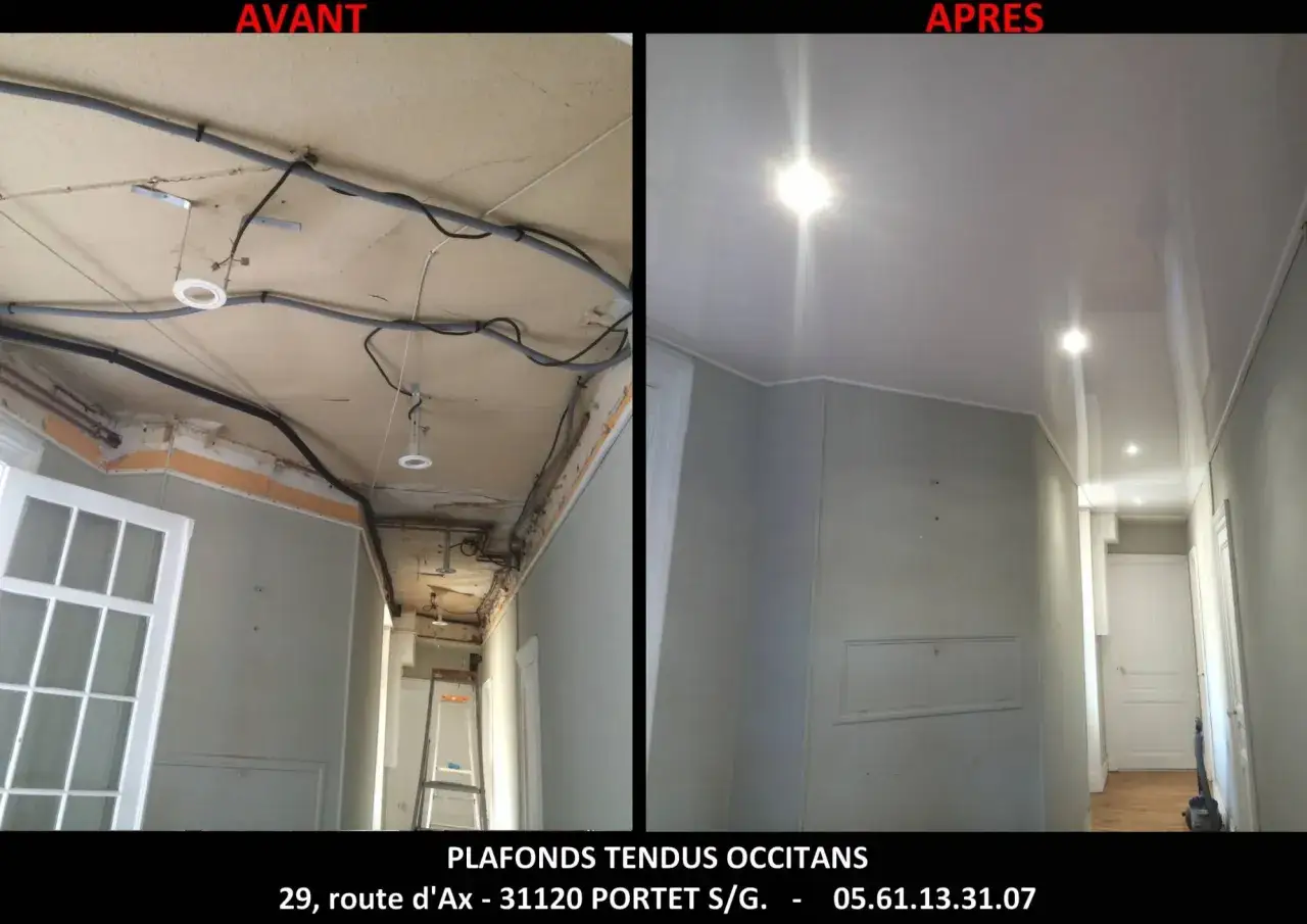 Avant/Après : un vieux plafond avec câbles apparents transformé en un coffrage spot plafond lisse et lumineux.
