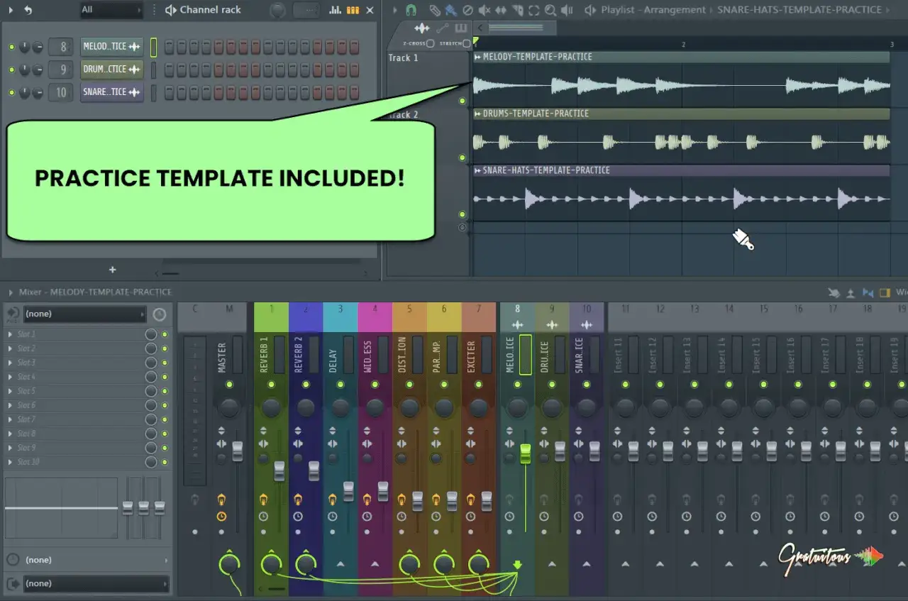 Interface de Fl Studio avec un template de pratique inclus pour la m&eacute;lodie, la batterie et les snares.