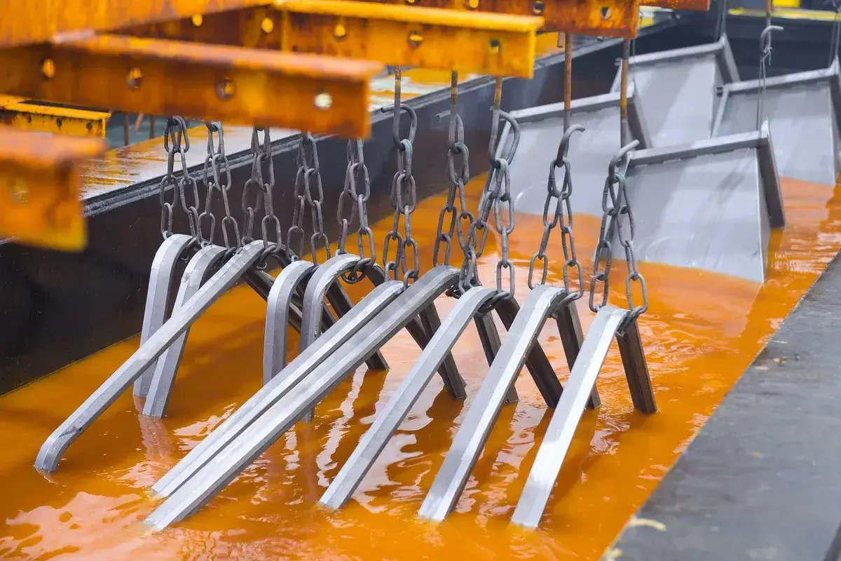 Metalowe elementy zanurzone w pomarańczowym roztworze podczas procesu galwanizacji metalu.