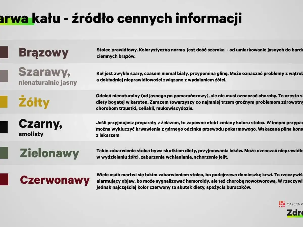 Kolor kału: brązowy to norma, szary może oznaczać problemy z wątrobą, żółty z dietą lub chorobą trzustki, czarny z żelazem lub krwawieniem, zielony z dietą lub lekami, a czerwony z buraczkami lub krwawieniem.