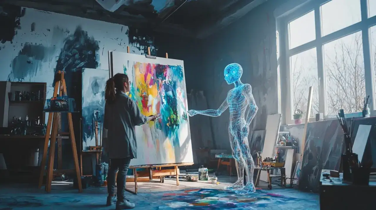Une artiste interagit avec une silhouette humaine lumineuse, une **&oelig;uvre d'art num&eacute;rique**, dans un atelier rempli de toiles color&eacute;es.