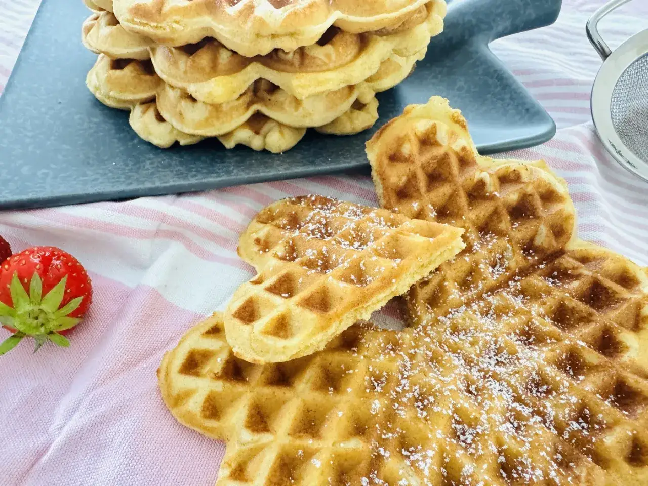 Goldbraune Waffeln, frisch gebacken, mit Puderzucker bestäubt. Ein perfektes Waffeln Rezept für süße Momente. Daneben eine Erdbeere.