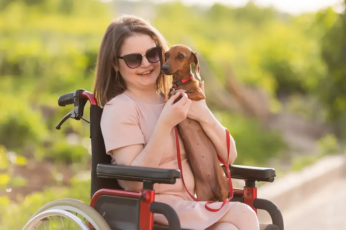 Ragazza in carrozzina abbraccia un cane, un momento di gioia che ricorda l'importanza dell'assegno unico per figlio disabile.