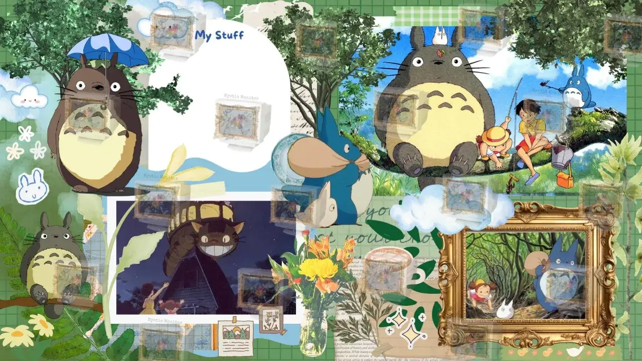 Collage di scene da film di Studio Ghibli con Totoro, Satsuki e Mei.