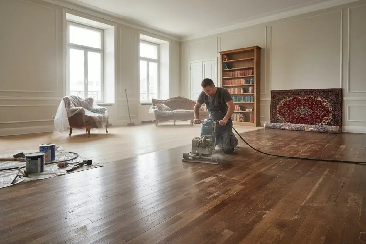 Un uomo leviga un pavimento in legno in una stanza luminosa. Si chiede quanto costa rifare il pavimento.