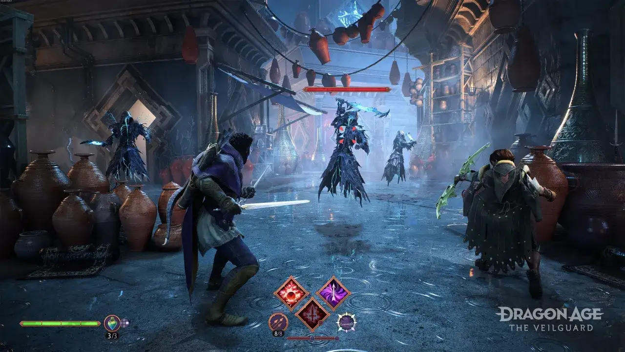 Postacie z Dragon Age: The Veilguard walczą z mrocznymi przeciwnikami w tajemniczej lokacji. Gra zapowiada się obiecująco, co potwierdzają pierwsze zapowiedzi i oczekiwania na Metacritic.