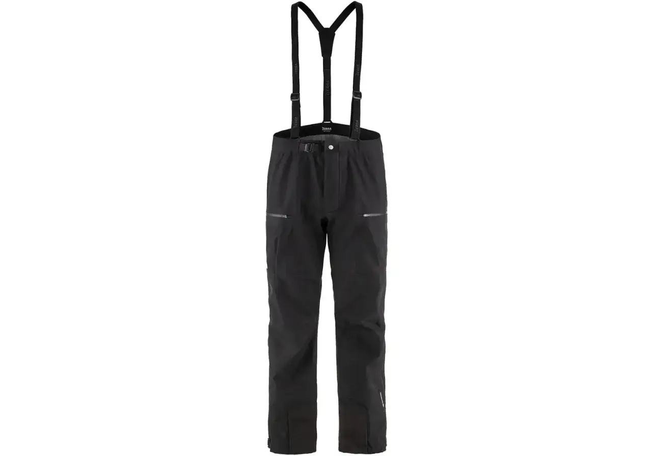 Svarta skalbyxor med hängslen, Gore-Tex-material som skyddar mot väder och vind, utan PFAS.