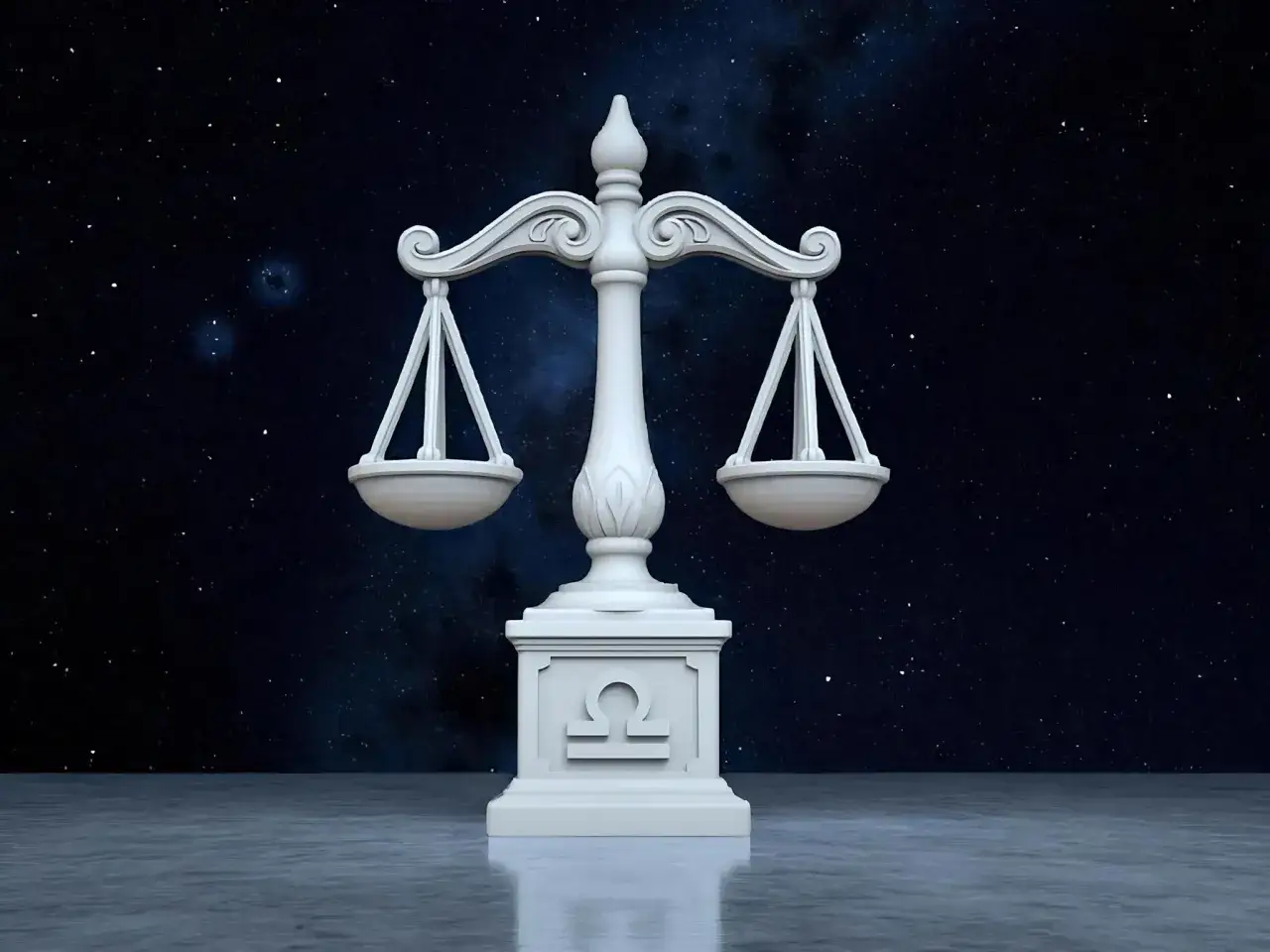 Biała waga symbolizująca 27 wrzesień znak zodiaku, na tle nocnego nieba pełnego gwiazd.