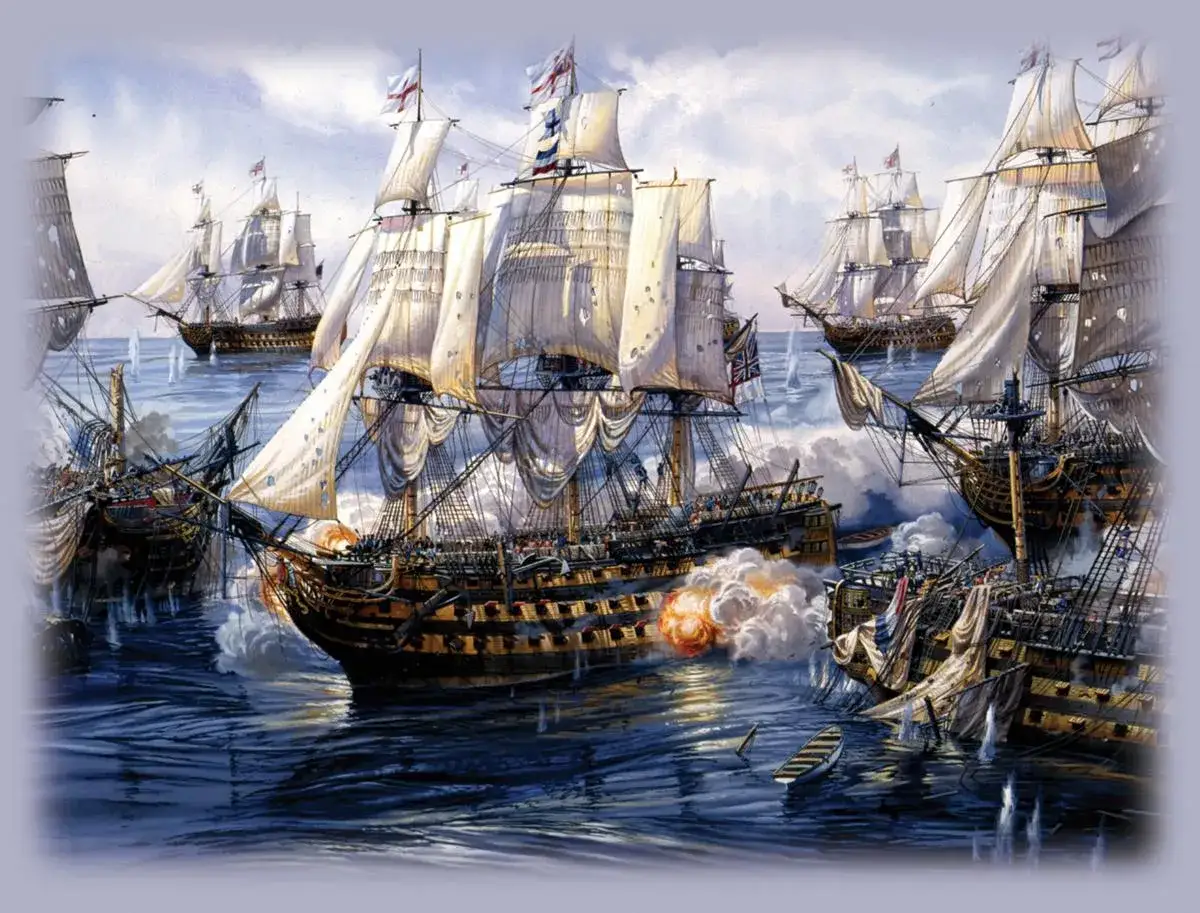 M&aring;nga segelfartyg i strid, med kanoneld och r&ouml;k. En dramatisk scen som p&aring;minner om slaget vid Trafalgar.