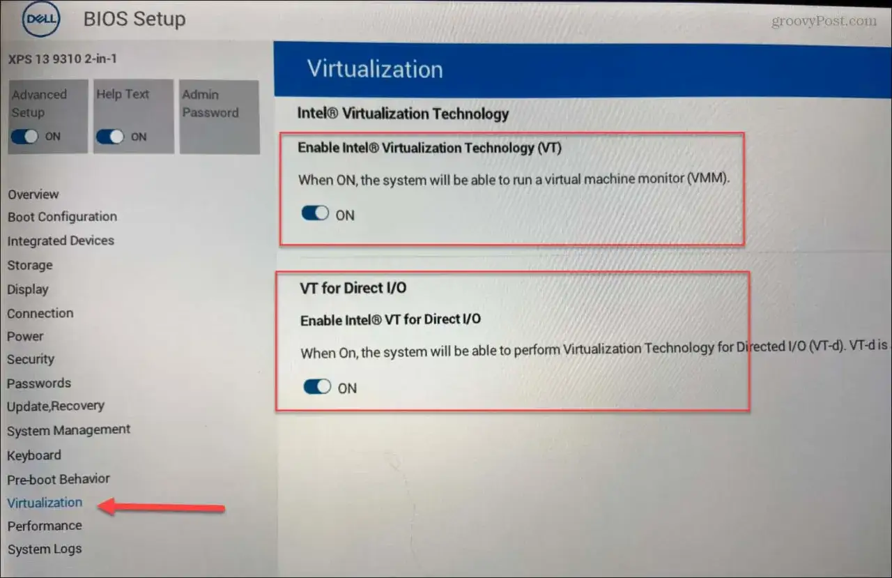 Configuración de BIOS para habilitar la virtualización en Windows 11. Se activa Intel VT para ejecutar máquinas virtuales.