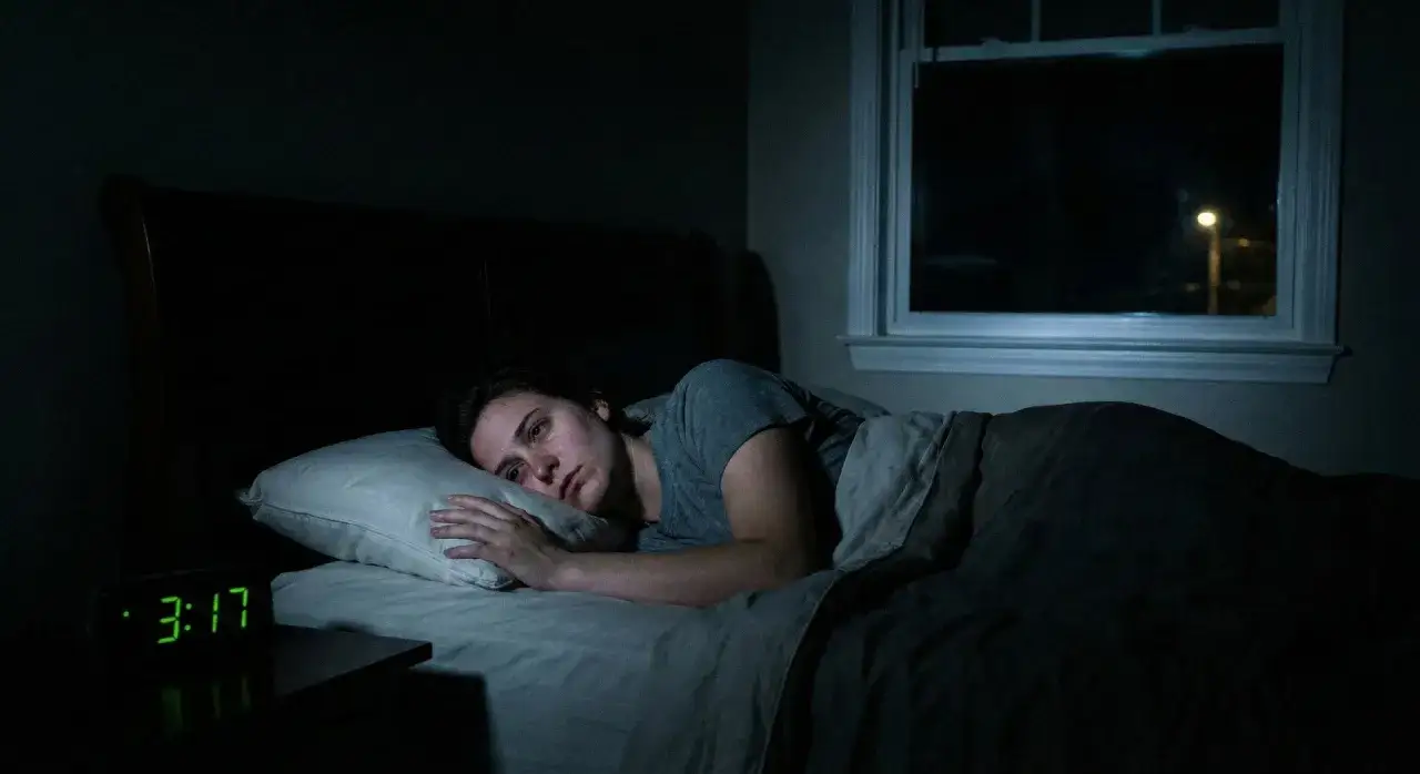 Mujer en cama, preocupada, pensando qu&eacute; significa so&ntilde;ar con la muerte de un familiar. El reloj marca las 3:17 AM.
