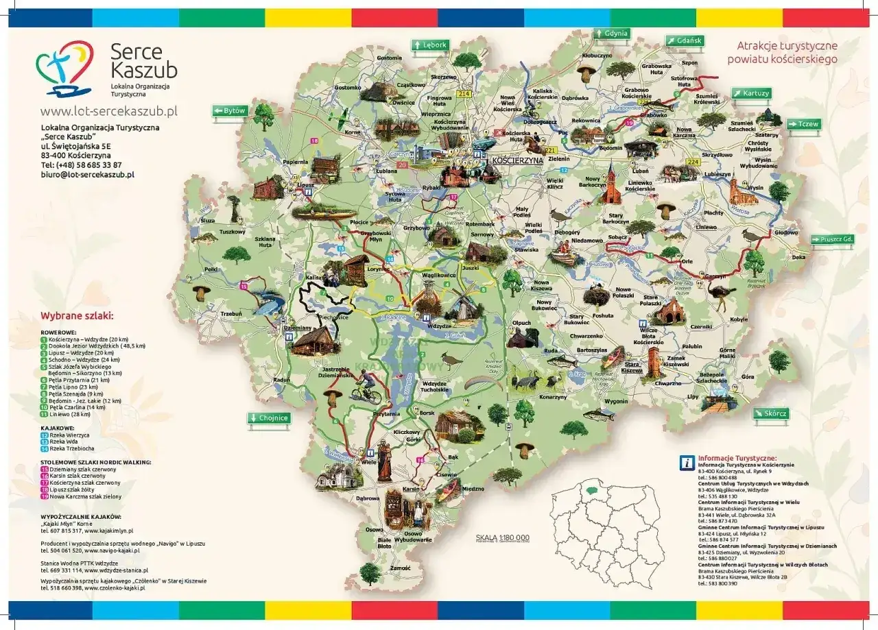 Mapa Kaszub z zaznaczonymi trasami rowerowymi, kajakowymi i pieszymi. Odkryj malowniczą kaszubską trasę!