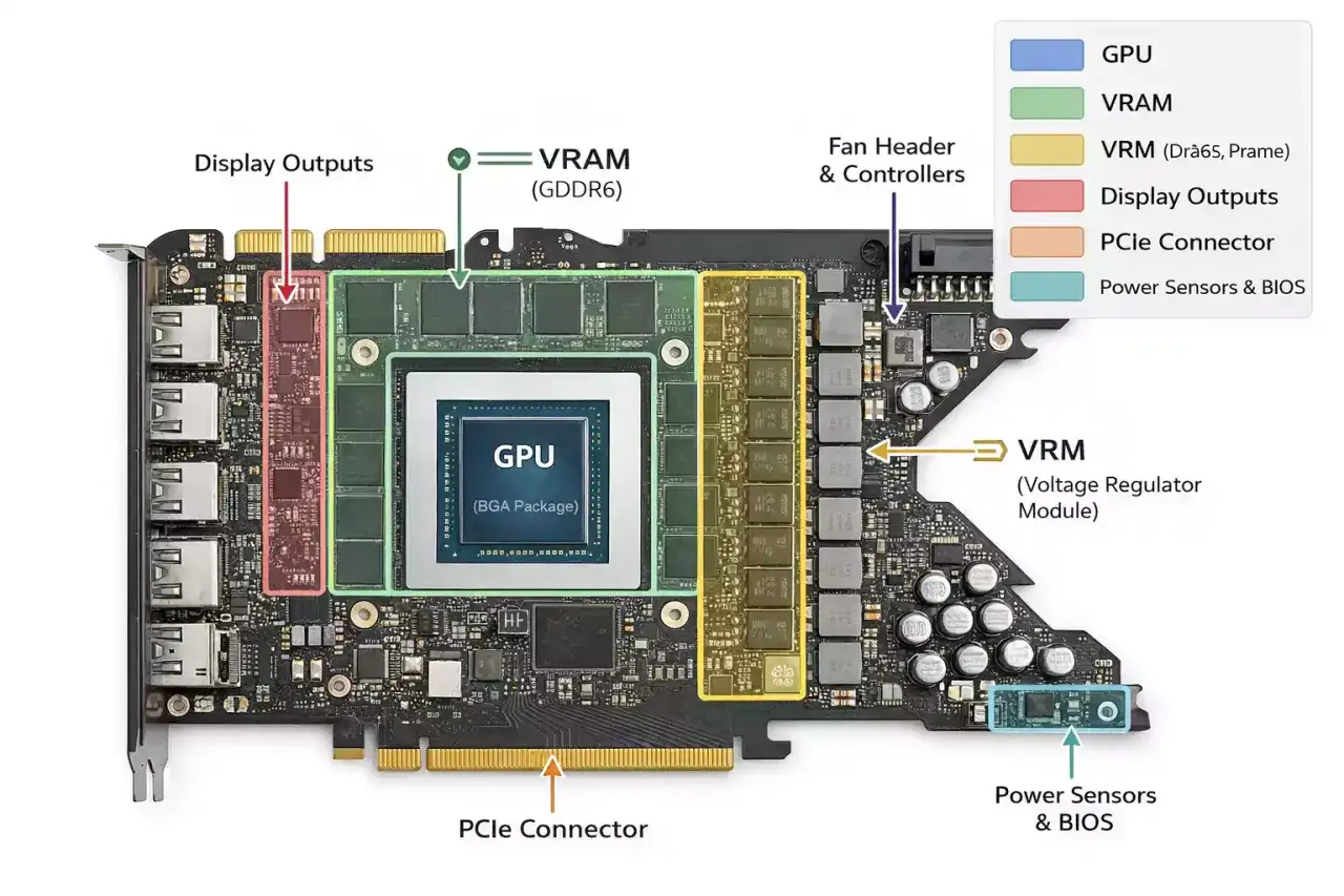 Carte graphique détaillée : GPU central, VRAM GDDR6, VRM, sorties d'affichage, connecteur PCIe et capteurs d'alimentation.