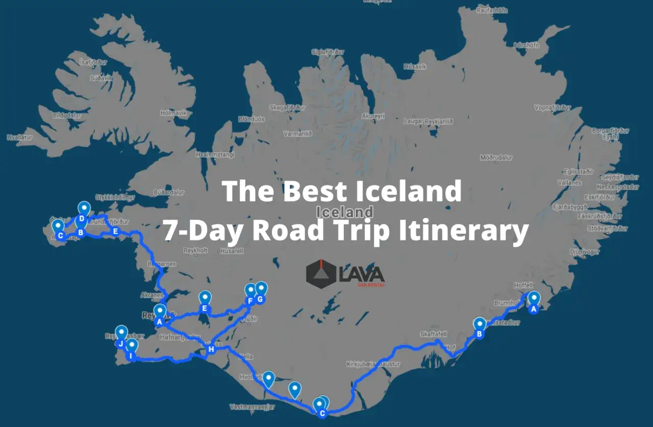 Carte d'un itin&eacute;raire de voyage en Islande d'une semaine, montrant les &eacute;tapes cl&eacute;s d'un road trip.