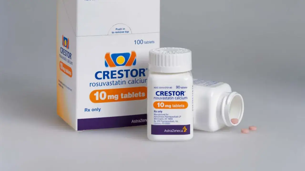 Opakowanie i butelka leku Crestor (rosuwastatyna wapnia) 10 mg, stosowanego w leczeniu wysokiego cholesterolu.
