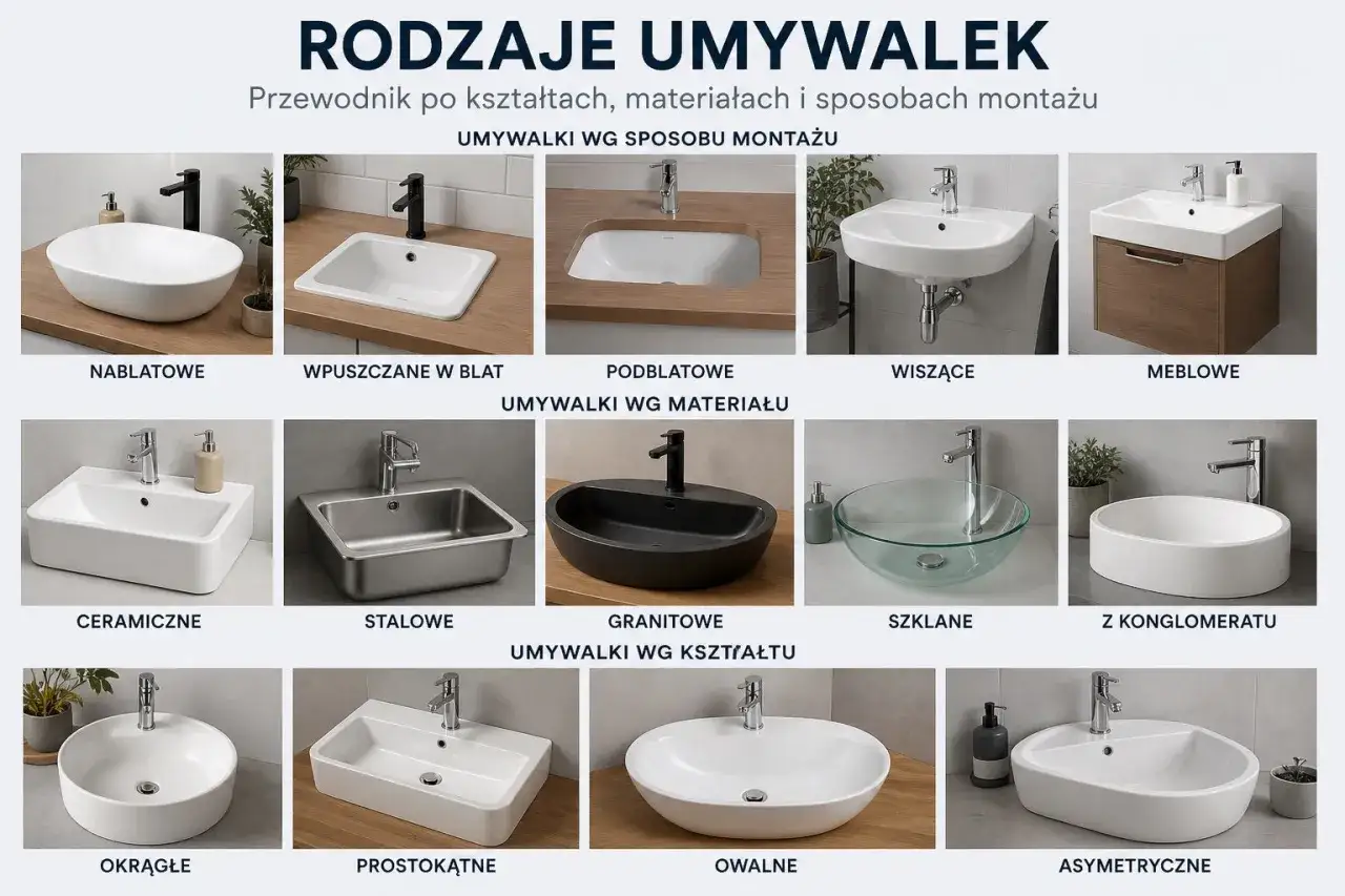 Jaka umywalka do łazienki? Przewodnik po rodzajach: nablatowe, wpuszczane, podblatowe, wiszące, meblowe, ceramiczne, stalowe, granitowe, szklane, z konglomeratu, okrągłe, prostokątne, owalne, asymetryczne.