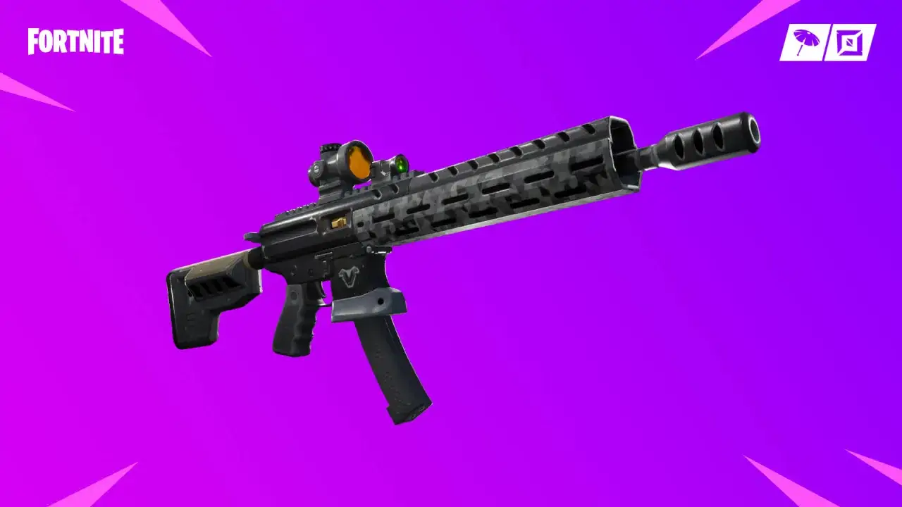 Nowy karabin szturmowy Fortnite z celownikiem optycznym i tłumikiem.