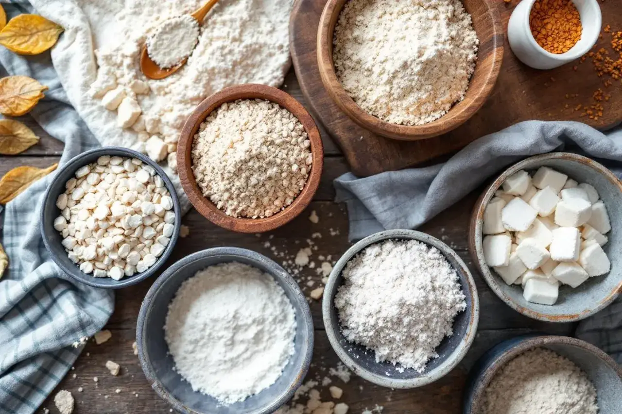 Plusieurs bols de farines et d'ingrédients secs, certains en grains, d'autres en poudre. Une aide visuelle pour une liste allergène.