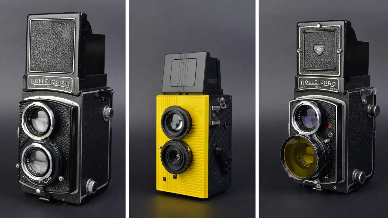 Three vintage Rolleicord cameras are displayed against a dark background. One is yellow, the others are black.