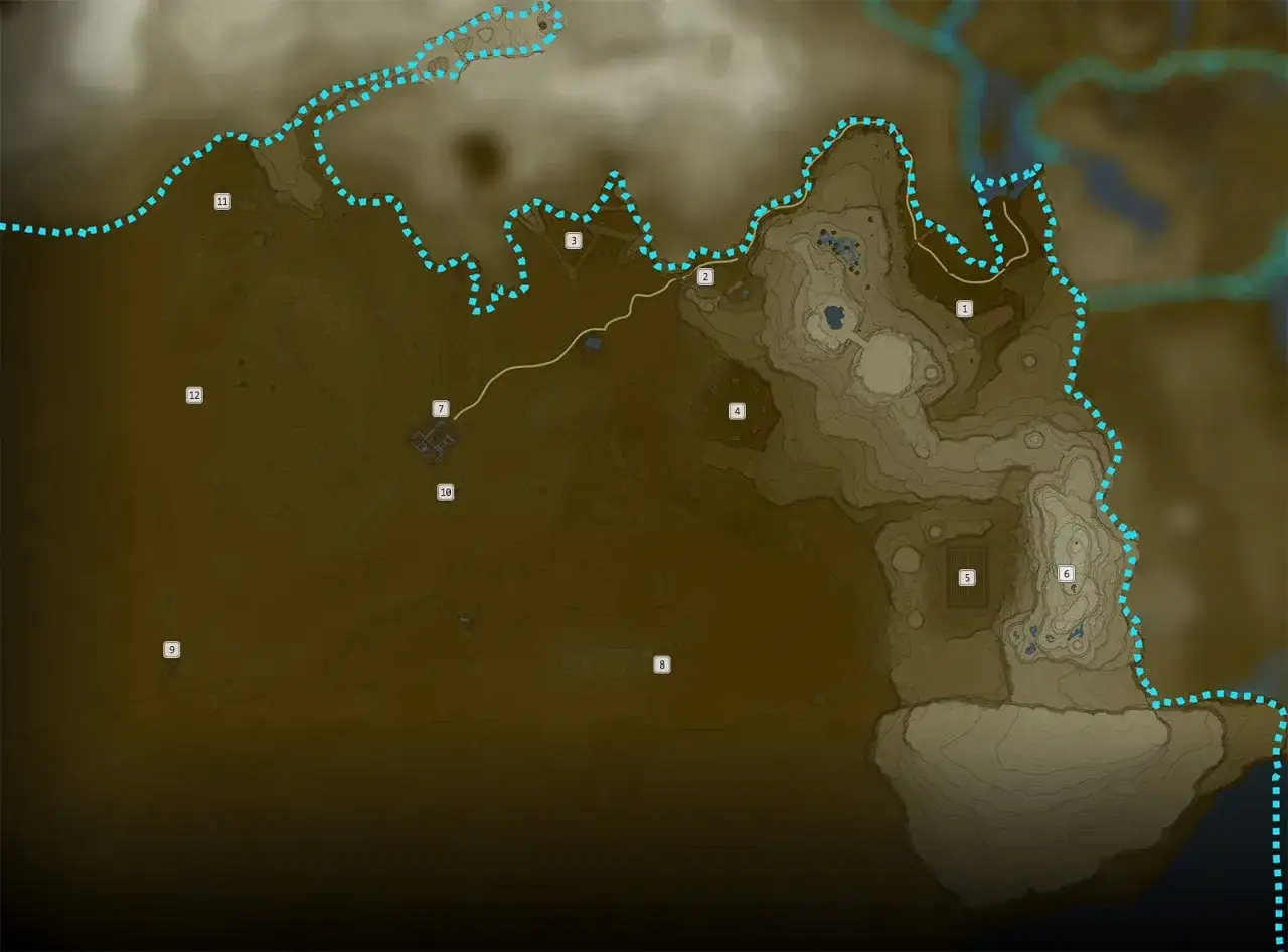 Mapa z gry Zelda Breath of the Wild z zaznaczoną trasą i punktami (1-12).