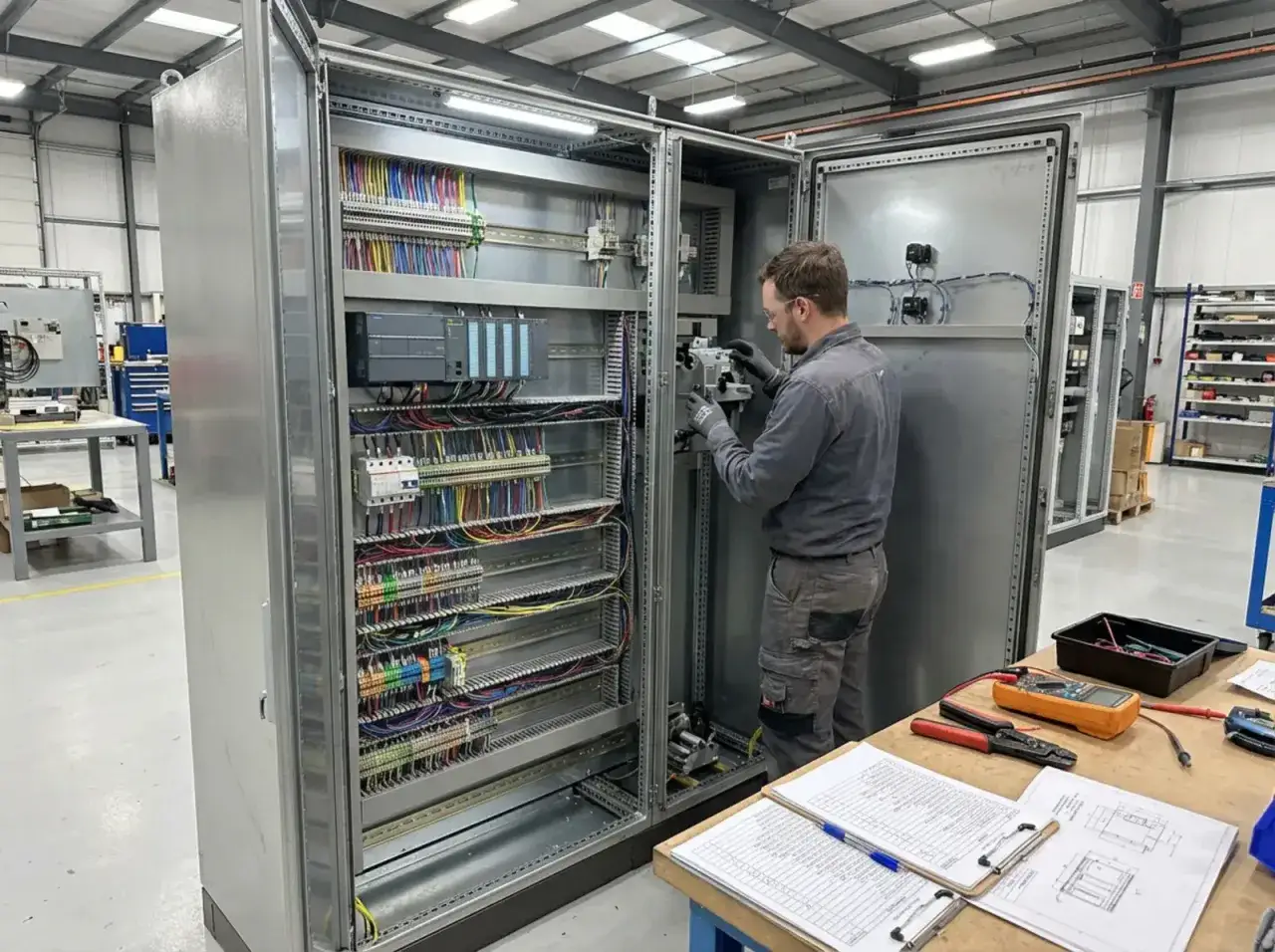 Ein Industrieelektriker arbeitet an einer komplexen Schalttafel. Das Bild zeigt die detaillierte Verkabelung und die Komponenten, die für die Steuerung industrieller Prozesse unerlässlich sind. Das Gehalt eines solchen Fachmanns spiegelt seine wichtige...