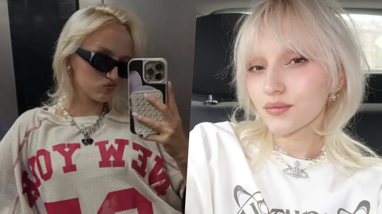 Hania z Genzie w okularach i naszyjniku z pereł, robiąc selfie. Na drugim zdjęciu Hania z Genzie w białej bluzce i naszyjnikiem.