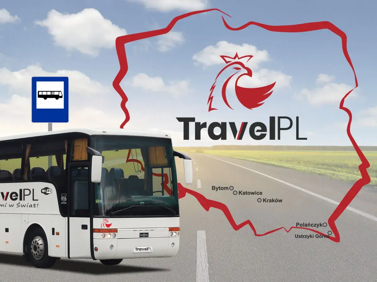 Autokar TravelPL na trasie Kraków - Ustrzyki Górne. Mapa Polski z zaznaczonymi miastami i drogą.