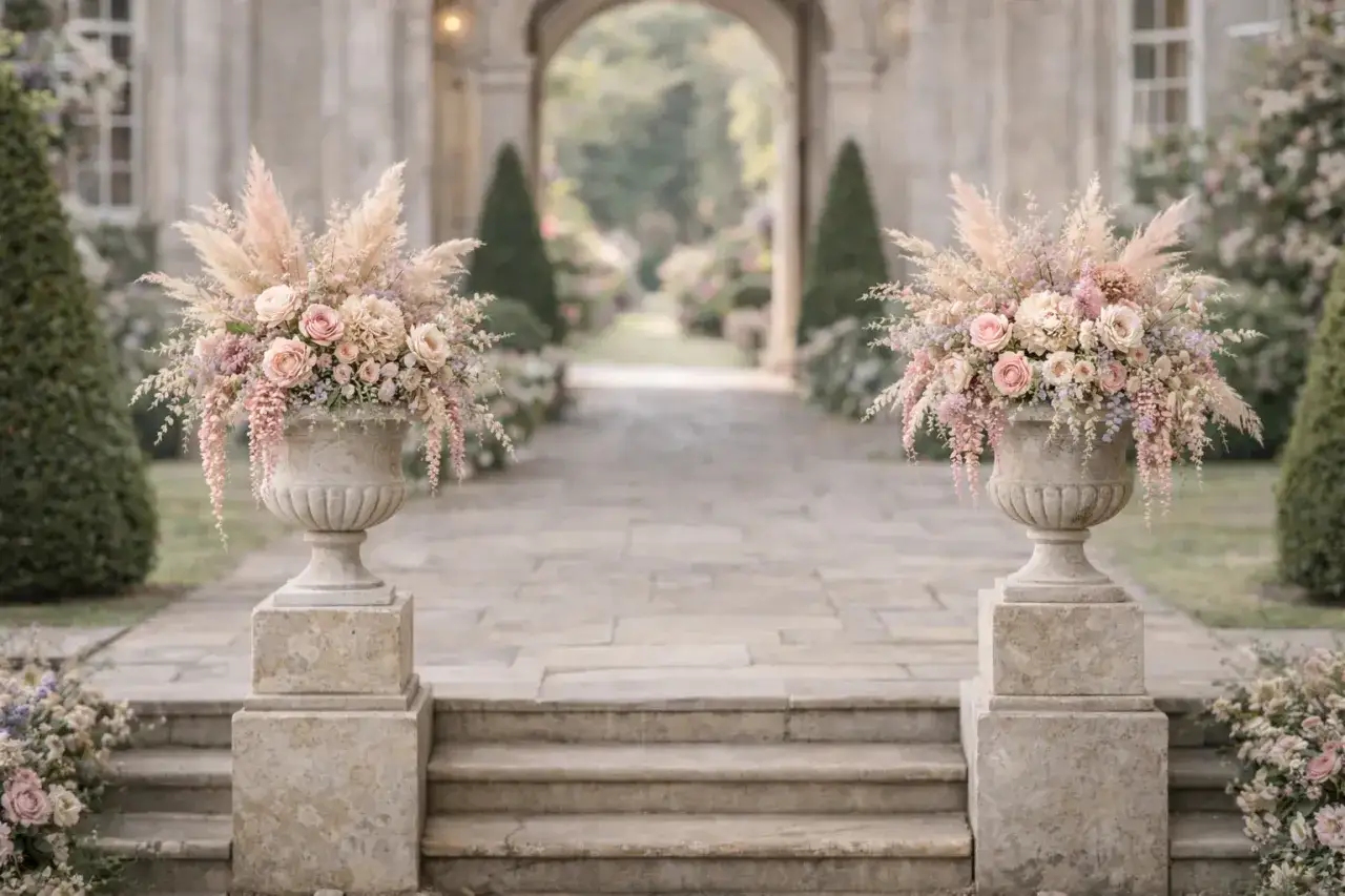 Allées de pierre ornées de vases fleuris roses et poudrés, évoquant un mariage Bridgerton. Des roses, des plumes de pampas et des fleurs tombantes créent une atmosphère romantique.